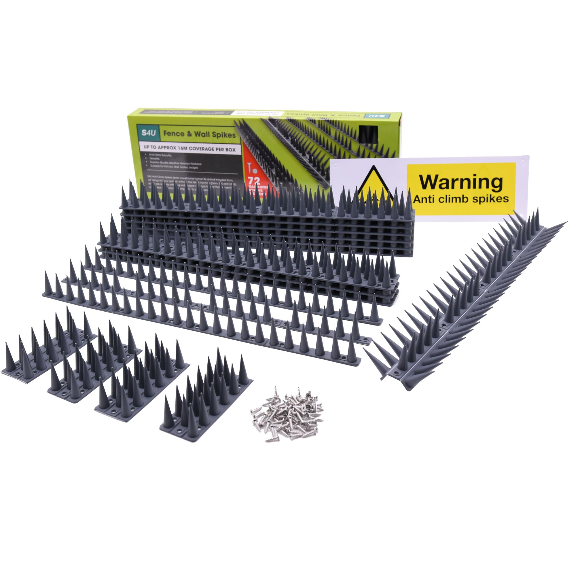 Fence Wall Spikes 12pcs Garden Tall Bird Spikes Cat Pigeon Deterrent Coverage Between 5.3m to 15.90m Per Box Anti Climb 44 x 4.3 x 3.8cm Warning Sign Included & Screws (Grey)