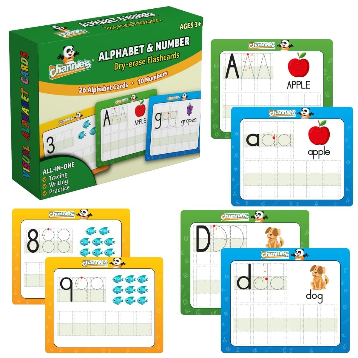 Channie’s Visual Dry Erase Alphabet & Numbers Flashcards, Tracing, Practicing & Writing, ALL In One Flash Cards Size 5.5” x 4.25 ”, Ages 3 and Up, PreK – 1st