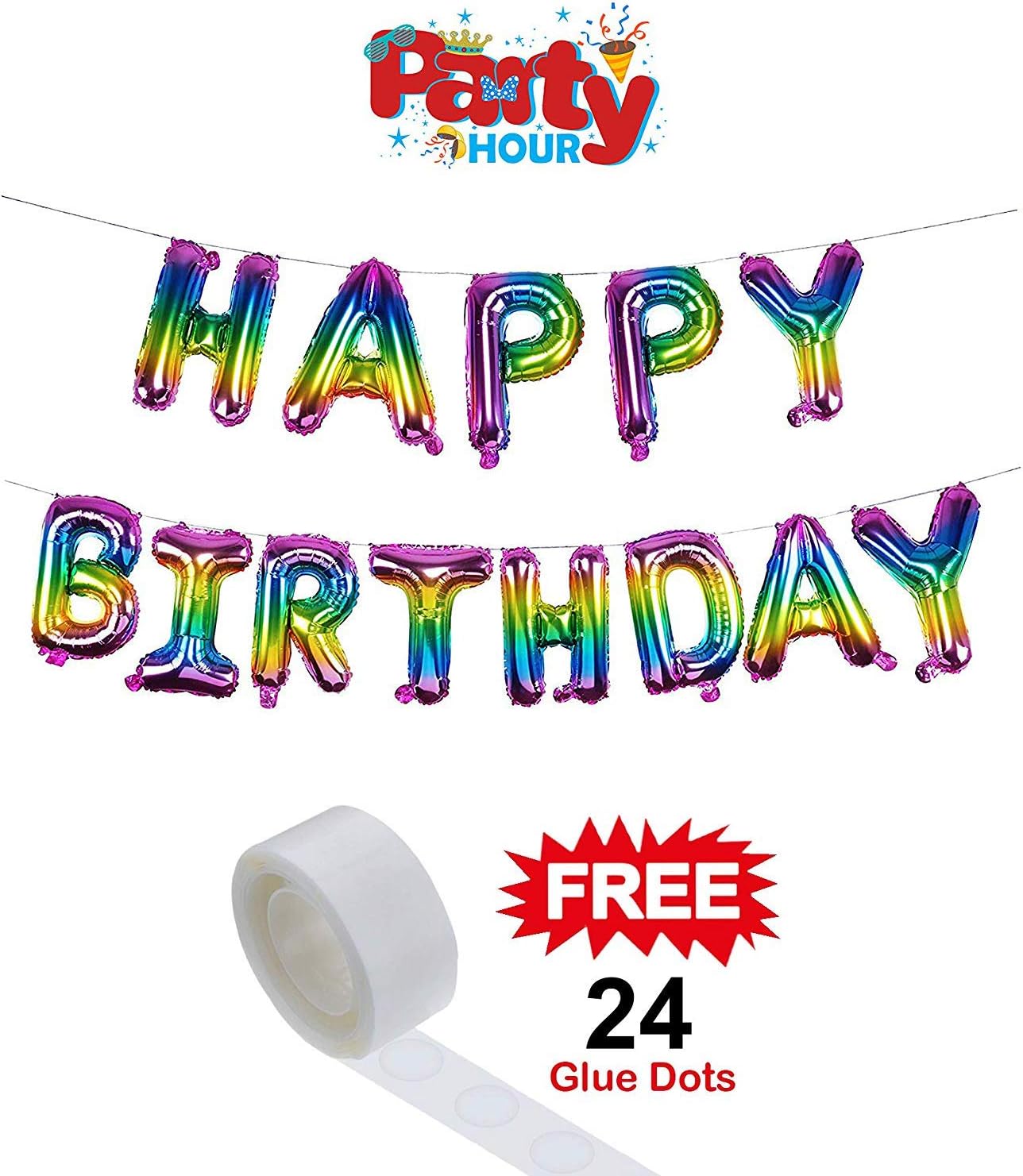 Party Hour Happy Birthday Toy Metallic Balloon with Free "24 Glue Dots- Multicolor