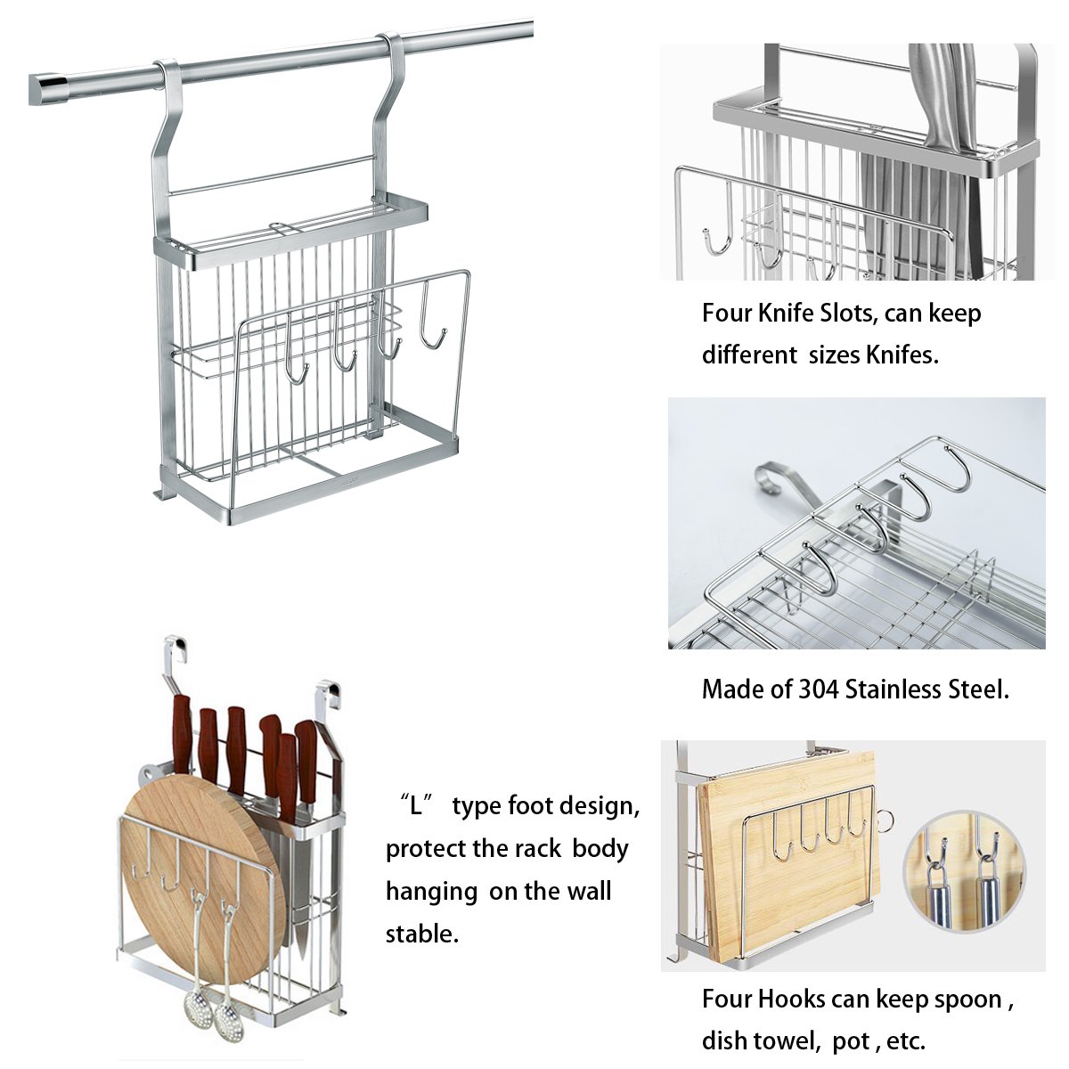 KuanGuang Kitchen Knife Holder Stainless Steel Wall Mounted Utensil Rack Organizer with 4 Hooks (Silver White)