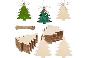 AWIZOM 72 Pieces Wooden Christmas Tree Cutouts Crafts Embellishments Unfinished Christmas Tree Hanging Ornaments Blank Christmas Tree Wood Cutouts Slice with Ropes for DIY Crafts Christmas Xmas Decoration