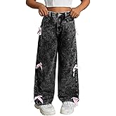 Godalithic Bow Jeans for Girls Wide Leg Kids Baggy Flare Denim Pants High Waisted Cute Clothes Y2k Outfits with Pockets 6-14Y
