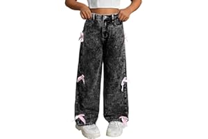 Godalithic Bow Jeans for Girls Wide Leg Kids Baggy Flare Denim Pants High Waisted Cute Clothes Y2k Outfits with Pockets 6-14Y