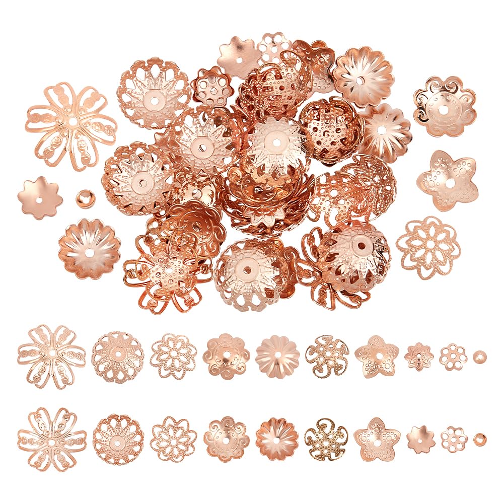 UNICRAFTALE 60pcs 10 Styles 0.5/1/1.2mm Hole Stainless Steel Bead Cap Rose Gold Fancy Hollow Bead End Caps Multi-Petal Flower Spacers Bead Metal End Charm Caps Loose Beads for Jewelry Making