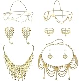 LOFITOR 10 Pcs Belly Dance Jewelry Set for Women Gold Plated Sequins Head Chains Vintage Coins Veil Necklace Boho Earrings Bracelets Anklet Indian Style Body Dance Play Accessories Halloween Carnival Cosplay