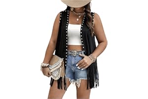 Verdusa Women's Plus Size Fringe Vest Faux Suede Rivets Sleeveless Tassel Jacket Western Cowgirl Outfits