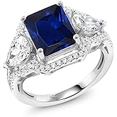 Gem Stone King 4.79 Cttw Blue Created Sapphire Ring For Women | 925 Sterling Silver | Emerald Cut 10X8MM | Gemstone September Birthstone | Wedding Engagement Anniversary Promise Ring