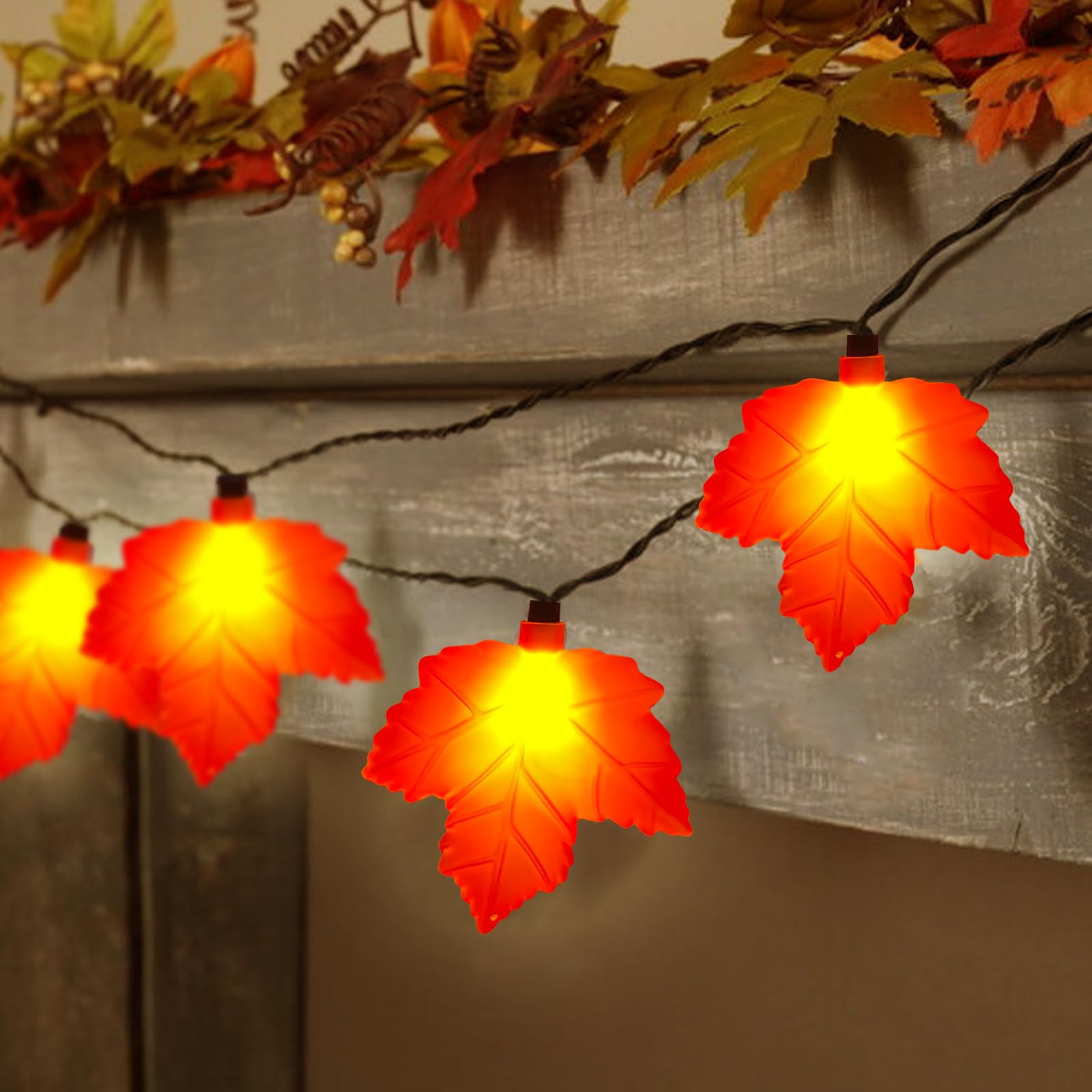 Photo 1 of Cbebew Fall Decorations Lights, 8.5FT Fall Maple Leaf String Lights with 10 Orange LED Leaf Lights, Plug in Fairy Lights for Patio Garden Gate Yard Thanksgiving Party Decorations, LRGC-10A003