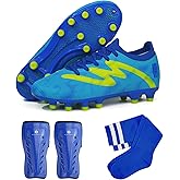 brooman Kids Firm Ground Soccer Cleats Boys Girls Football Shoes with Shin Guards and Soccer Socks