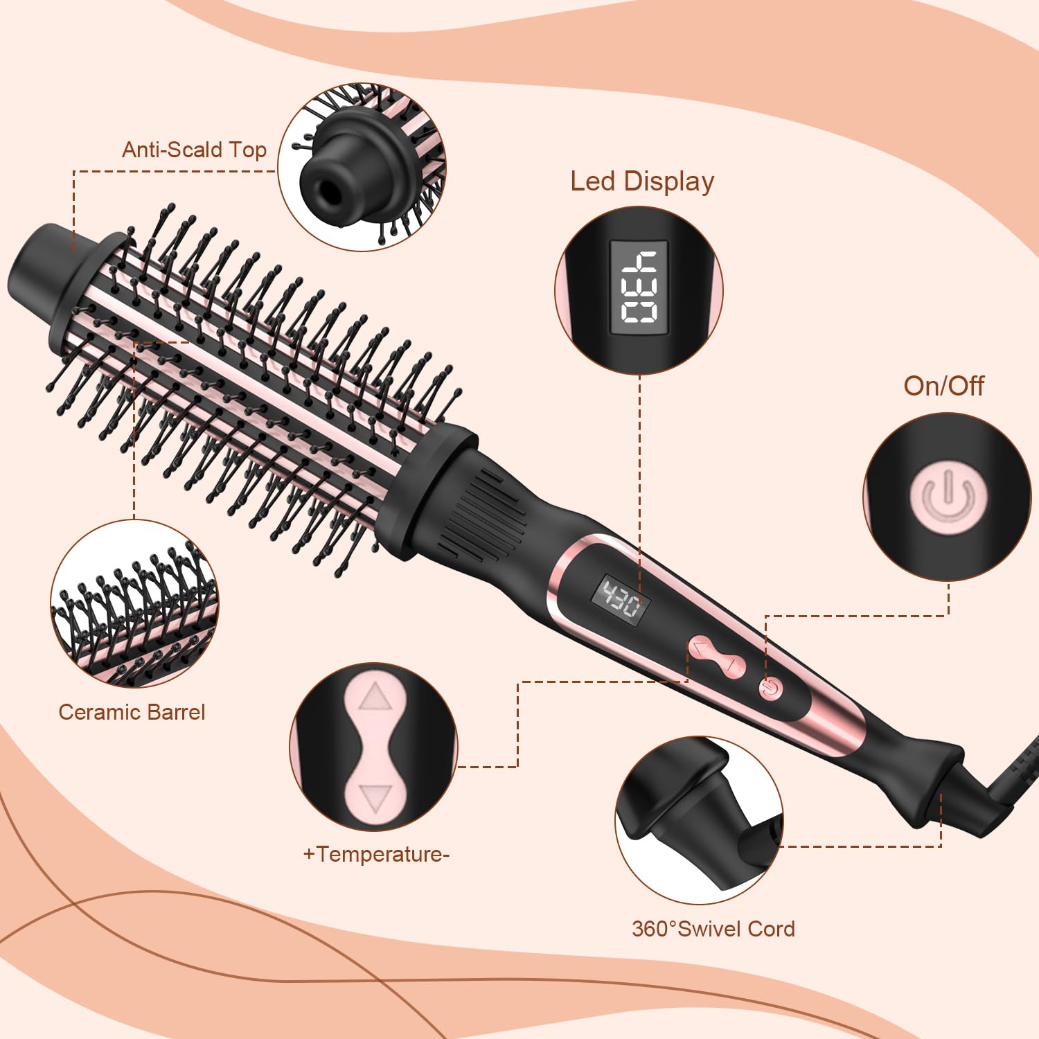 1.5 Inch Curling Iron Brush Volumizing Heated Round Brush (Ceramic Tourmaline, Ionic, Rose Gold, Multifunctional Styler Curling Wand)