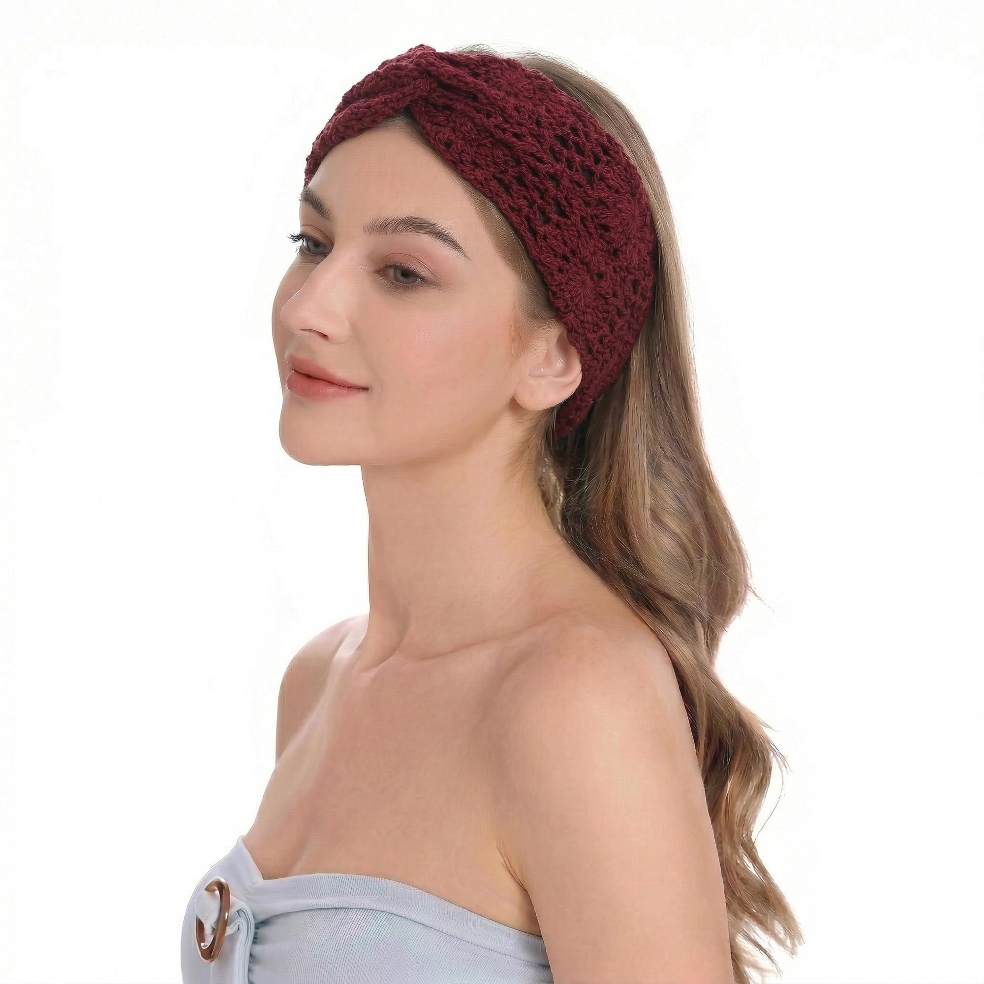 ZLYC Women Floral Headband Handmade Crochet Knit Vintage Hair Bands(Twist Knotted Burgundy)