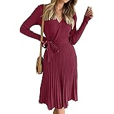 ZESICA Women's Spring Long Sleeve Wrap V Neck Ribbed Knit Pleated A Line Pullover Sweater Dress with Belt