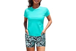 Daci Women's 2 Piece Rash Guard UPF 50+ Short Sleeve Swim Shirt with Shorts Swimsuit with Pockets and Built-in Bra