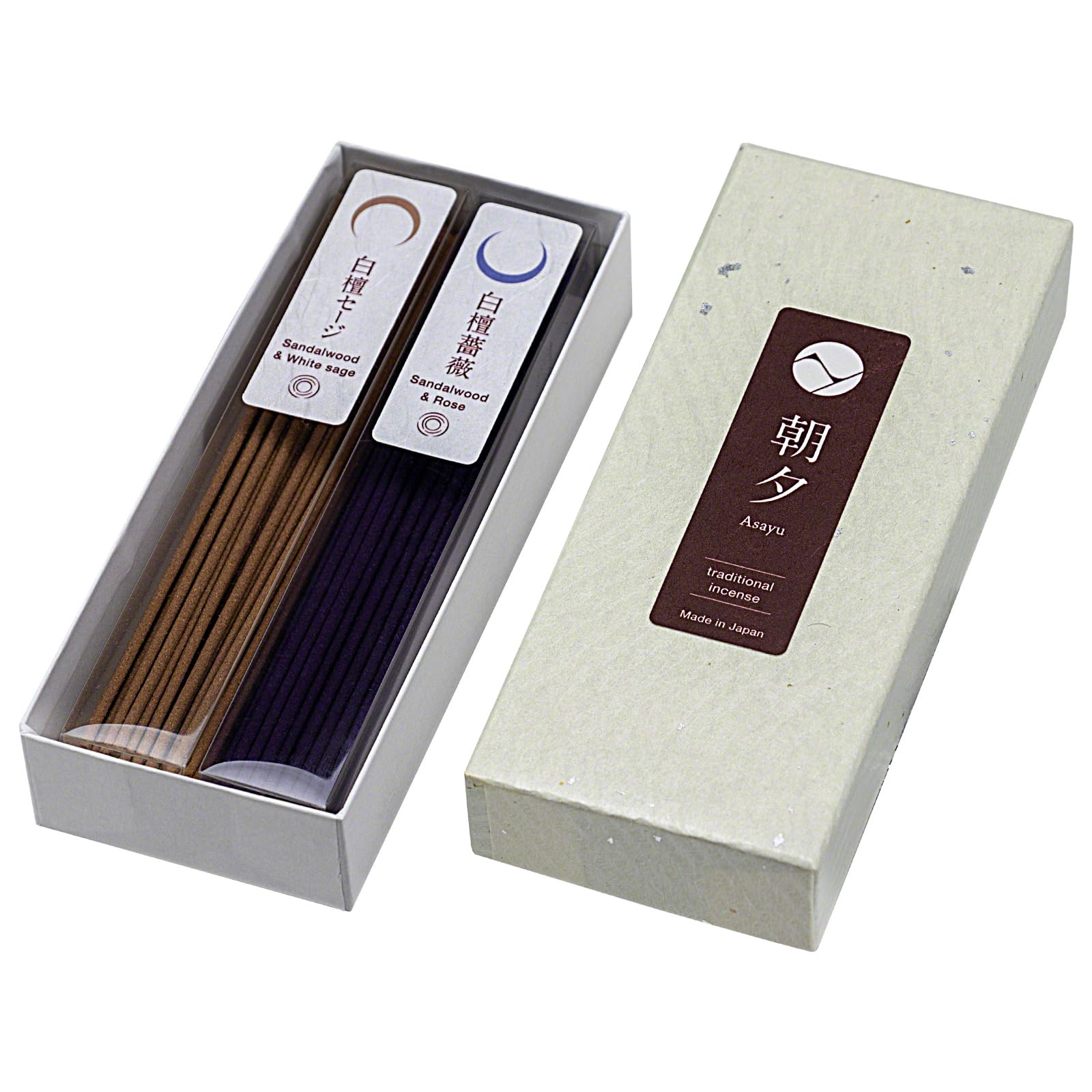 Asayu Japan Traditional Incense Sticks Purification Set - Sandalwood & White Sage and Sandalwood & Rose - ca. 40 sticks, 20gr (2x) - Made in Japan - Purification Set for cleansing