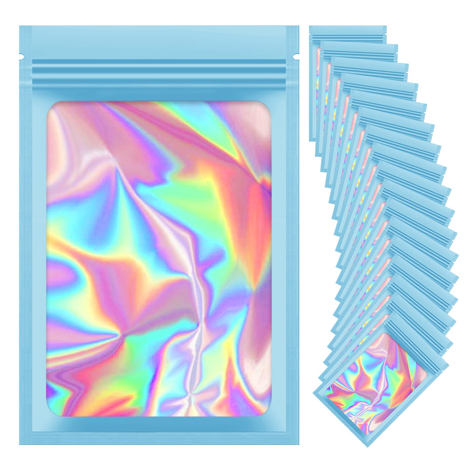 Photo 1 of 100 Pieces Resealable Mylar Bags, Small Holographic Packaging Bags, Smell Proof Mylar Bags for Food Storage/Jewelry/Eyelash for Small Business (Blue, 2.4x4 Inch)