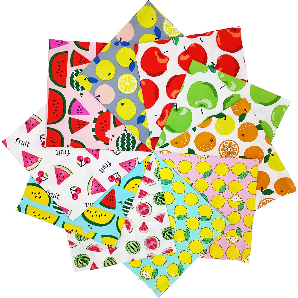 QiMicody Fat Quarters Fabric Bundles, 10 Pcs 100% Cotton 19.69” x 19.69” (50cmx50cm) Precut Quilting Fabric Squares Sheets for DIY Patchwork Sewing Quilting Crafting, No Repeat Design (Fruit Pattern)