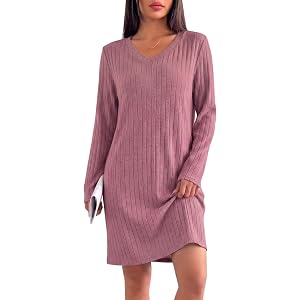 Ekouaer Long Sleeve Nightgowns for Women V Neck Ribbed Knit Sleepwear S-3XL | Soft Cozy Stretchy Sleepshirt Loose Fit House D