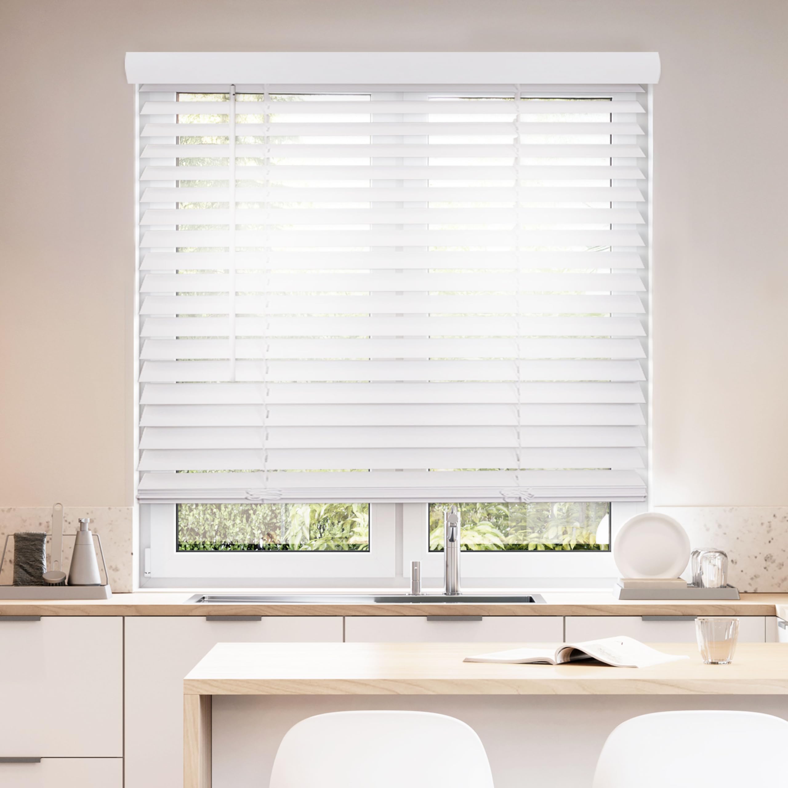 DEZ FURNISHINGS Cordless 2" Smooth Faux Wood Blind, 27" W x 72" H, Smooth White Image