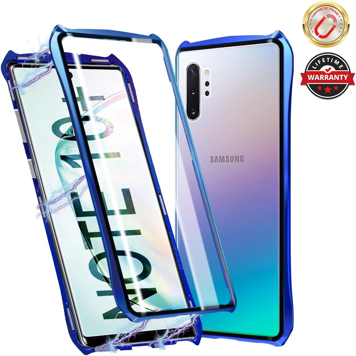 Magnetic Adsorption Case for Samsung Galaxy Note 10 Plus, Bat Style Case Double-Sided Clear Tempered Glass Metal Bumper Frame 360 Degree Full Protective Case for Samsung Note 10 Plus 6.8"[Blue]