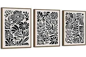 Zessonic Black Vintage Abstract Floral Botanical Wall Art Framed Boho Plant Flower Mid Century Minimalist Black White Canvas Prints for Bedroom Living Room - Set of 3, 12x16 Inch - Ready to Hang