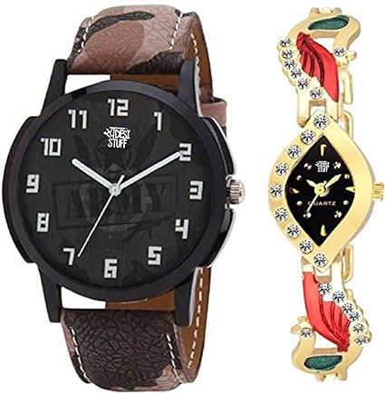 Swadesi Stuff New Arrival Exclusive Stylish Brown Leather Strap And Kundan Golden Watch Combo For Men And Women Watch - For Couple 00911