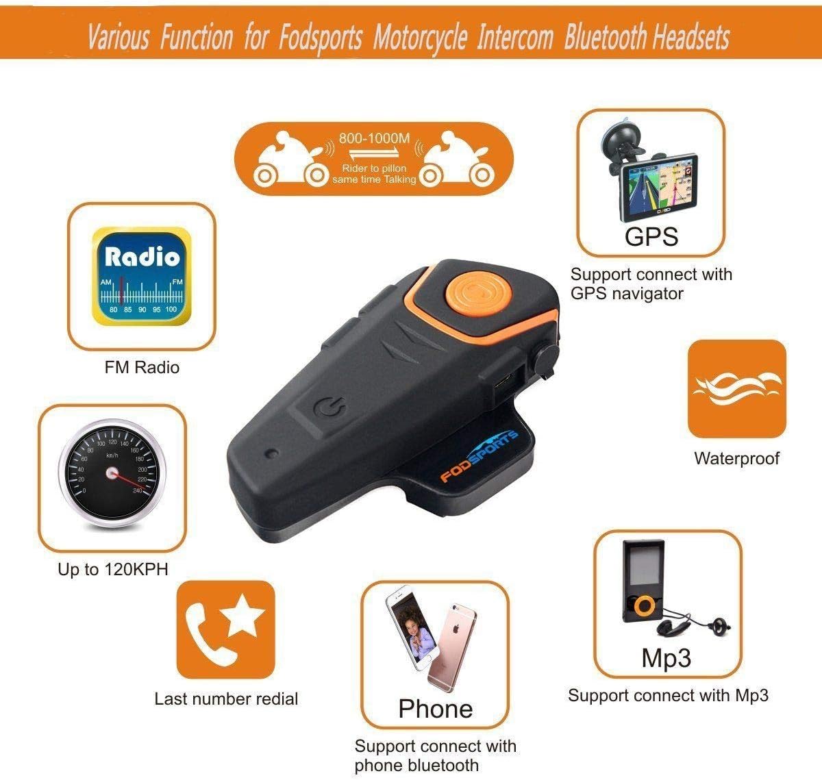Waterproof BT-S2 1000M Motorcycle Helmet Bluetooth Headset Motorbike Intercom Headset Intercom for Walkie Talkie Handsfree Call Answer