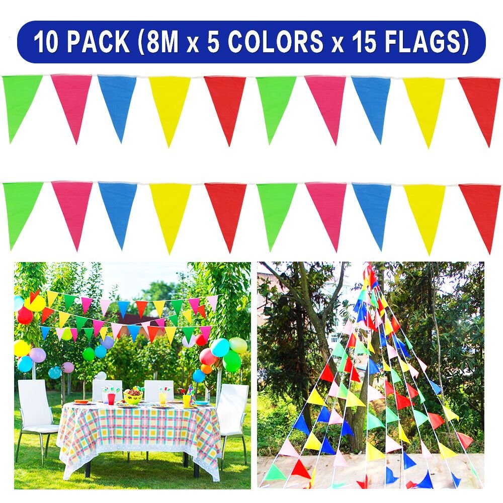 Multicolor Bunting Banners 10 Pack Outside Double-sided Hesian for Garden Decorations Birthday Wedding Party Indoor Outdoor Nylon 15 Flags 5 Colors Pink Blue Red Yellow Green (10 Pack 8m/26.2ft)