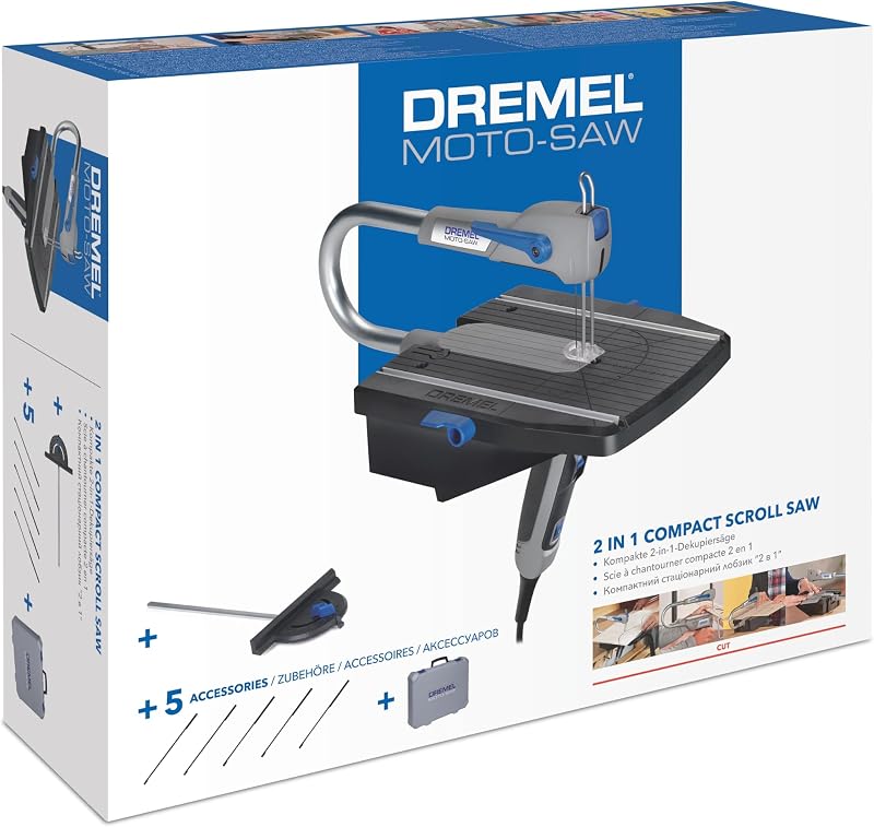 MS20 Moto-Saw Dekupiersäge, Kompakte 2-in-1-Tischkreissäge (70 W) mit 1 Zubehörteil und 5 Sägeblättern für seitliche und lange Schnitte in Weiches Holz, Laminat und Kunststoff