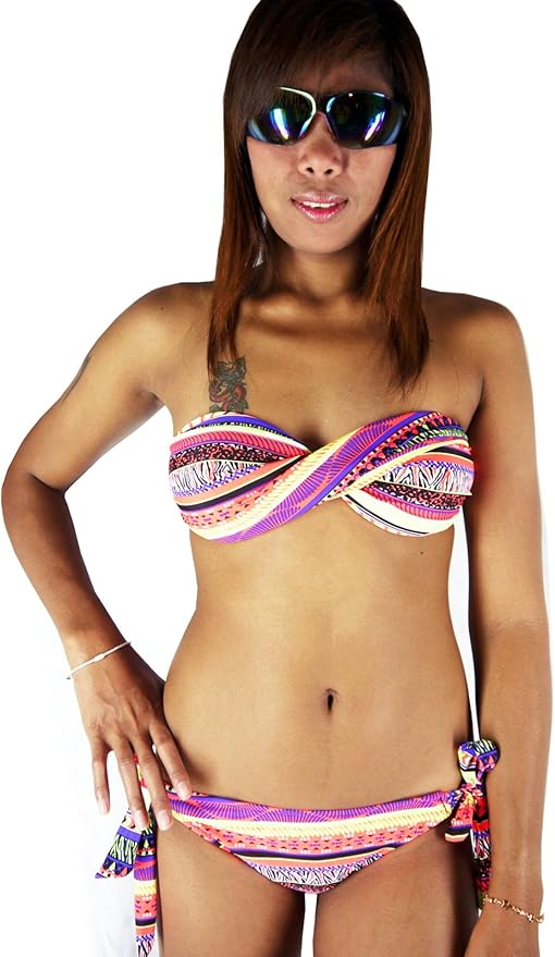 BANDEAU BIKINI YELLOW ORANGE PURPLE & BLACK WAVEY STRIPES TWISTED