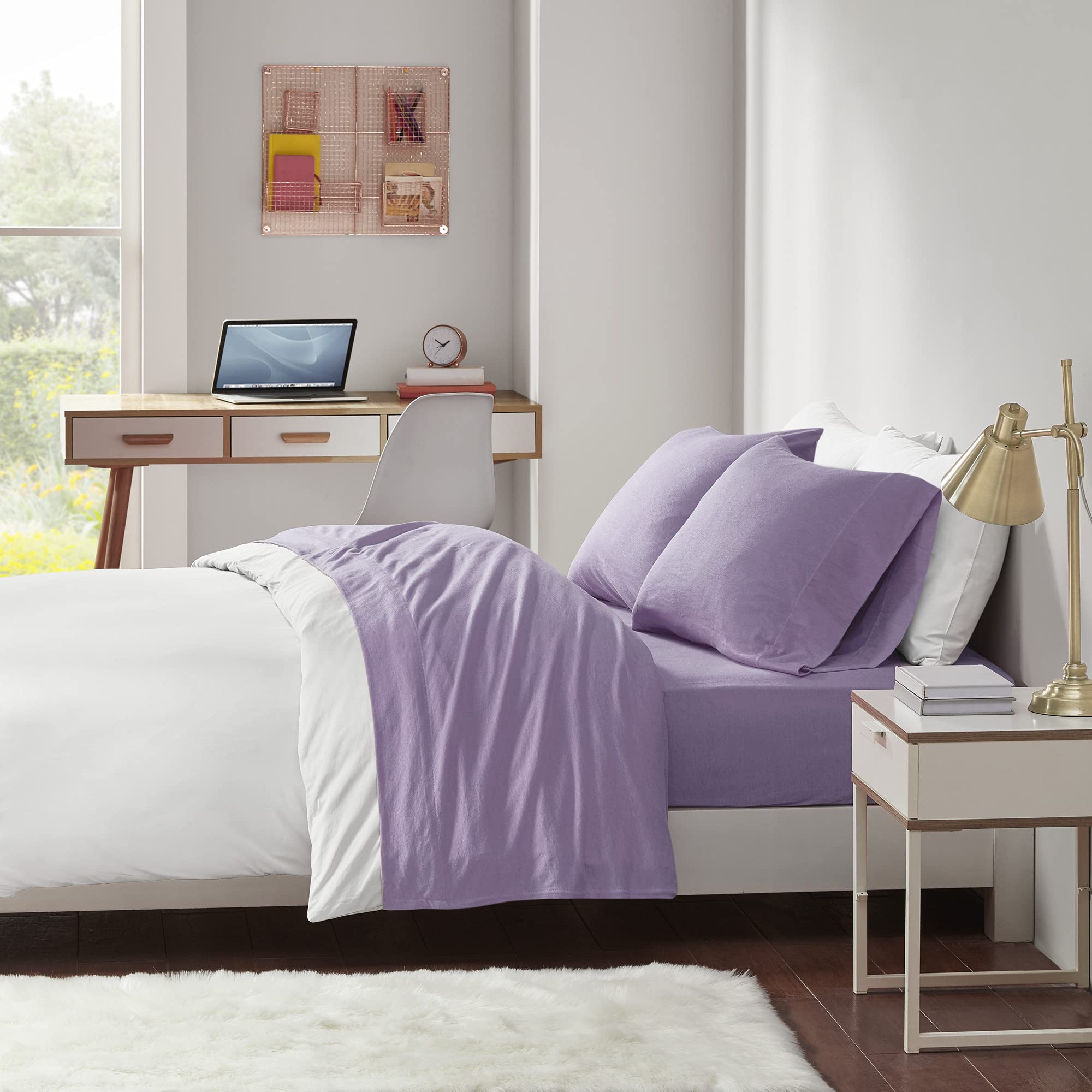 Photo 1 of Intelligent Design Cotton Blend Jersey Knit Bed Sheet Set Wrinkle Resistant, Soft Sheets with 14" Deep Pocket, All Season, Cozy Bedding-Set, Matching Pillow Case, Twin XL, Purple 3 Piece