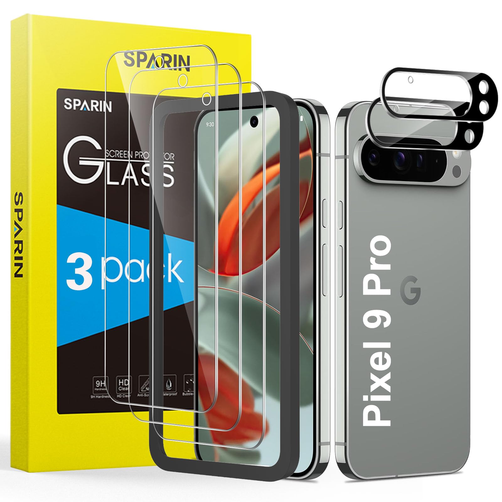 SPARIN Pack of 3 + 2 Screen Protectors for Google Pixel 9 Pro Tempered Glass with Camera Protection and Mounting Frame, 9H Hardness Screen Protector