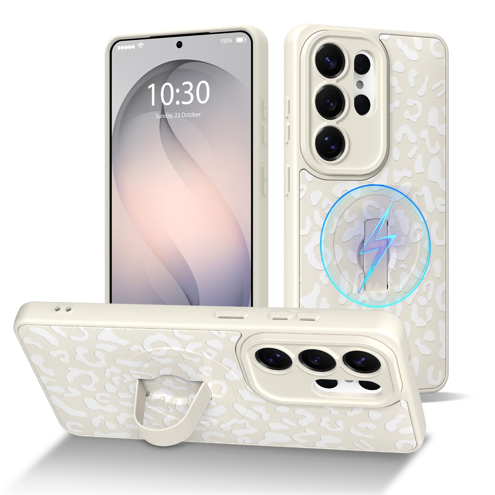 DOTARA Compatible with Samsung Galaxy S26 Ultra Case with Finger Strap Kickstand, White Leopard Cheetah Pattern Compatible with Magsafe, Camera Protection Shockproof Slim Cover for Women Girls