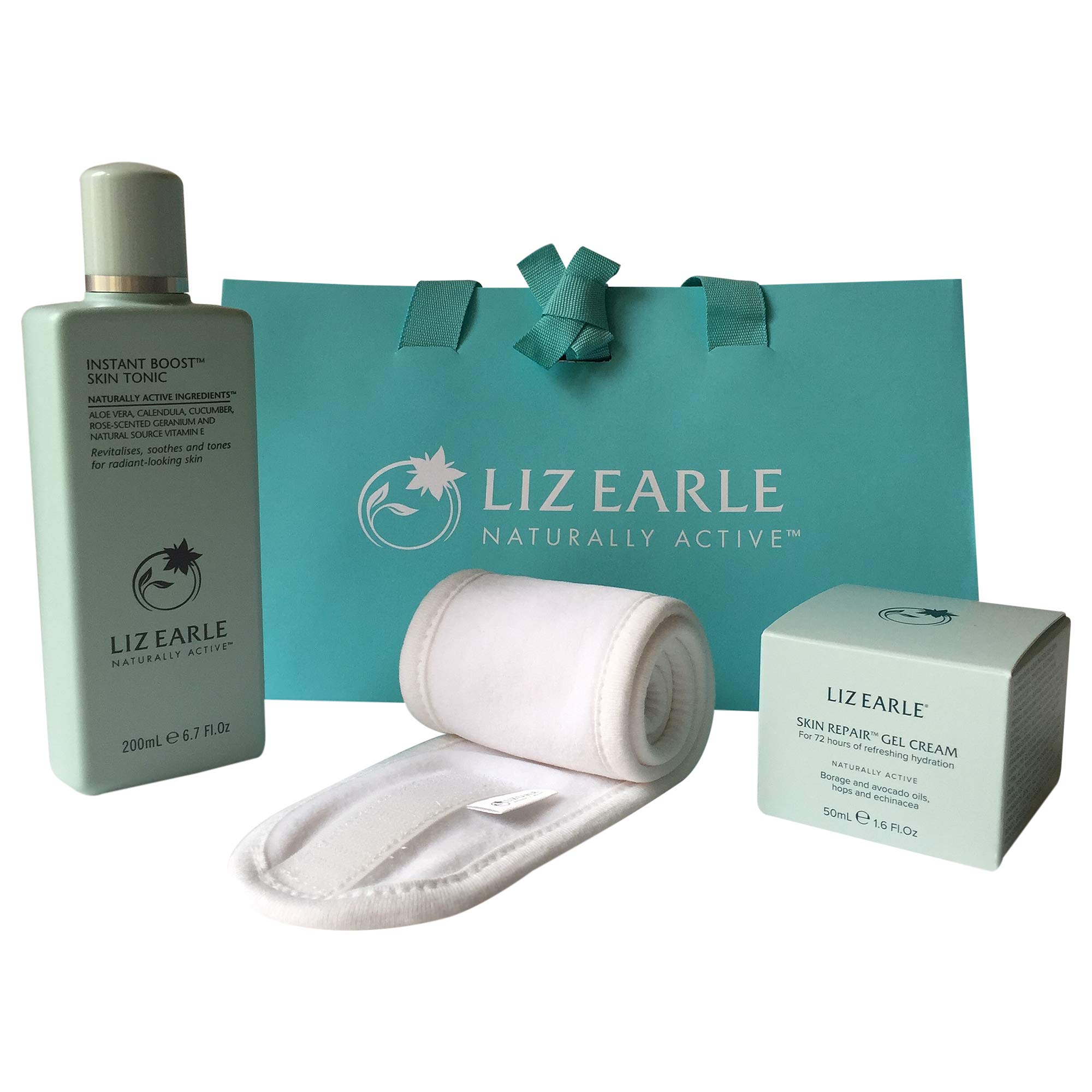 Liz Earle Gift Bundle, Instant Boost Skin Tonic 200ml +Skin Repair Gel Cream 50ml + Soft White Adjustable Headband + Liz Earle Gift Bag