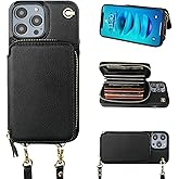 Bocasal Crossbody Wallet Case for iPhone 14 Pro, RFID Blocking Leather Purse Case with Card Holder, Protective Handbag Flip Cover with Slots Zipper Wrist Strap Lanyard for Women 5G 6.1 Inch (Black)