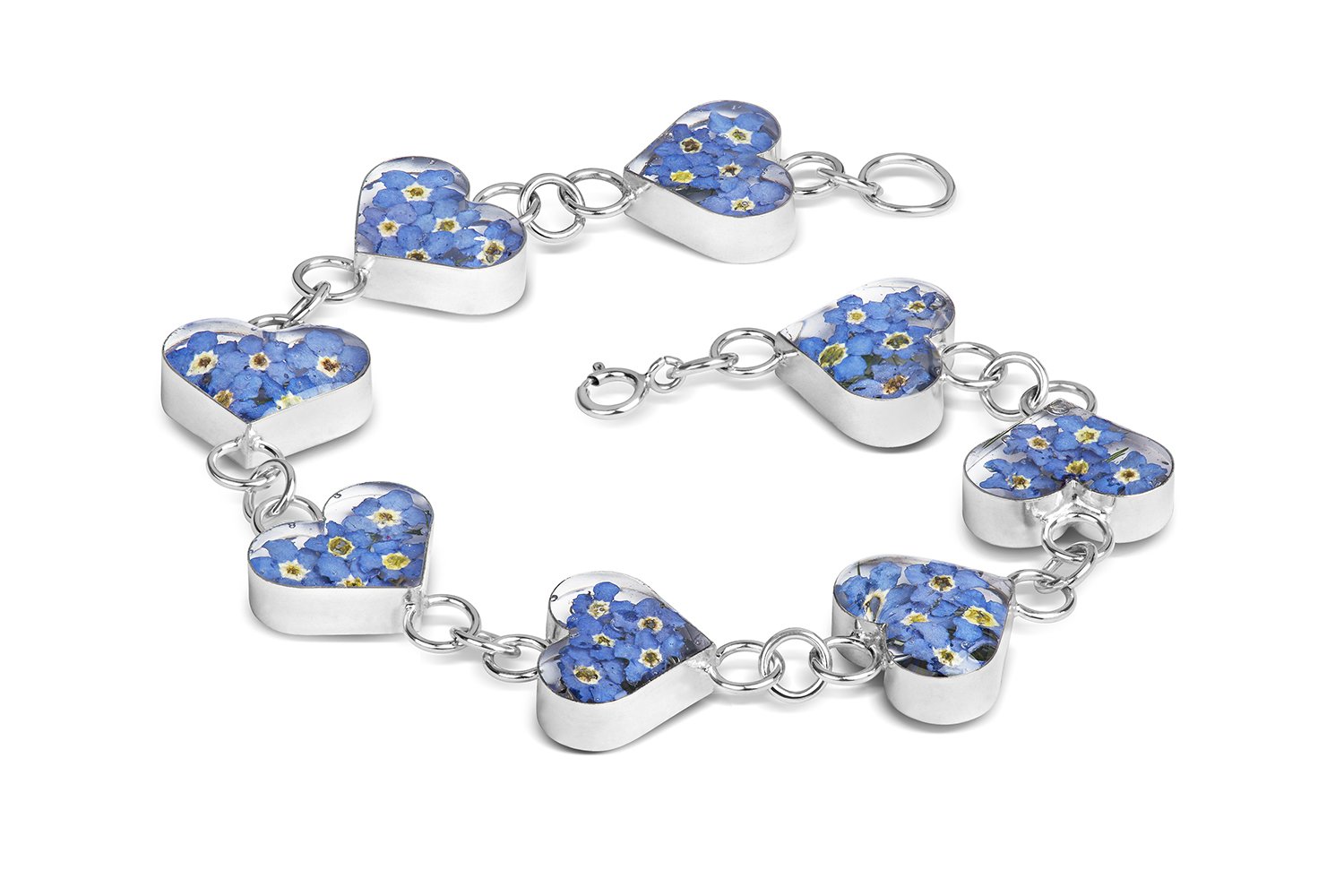 Natural Flower Jewellery Sterling Silver Heart Bracelet Made with Real Forget Me Nots