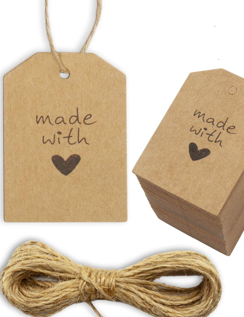 HOMETOOLS.EU 100 Kraft Paper Gift Tags with Jute String, Made with Love, Brown