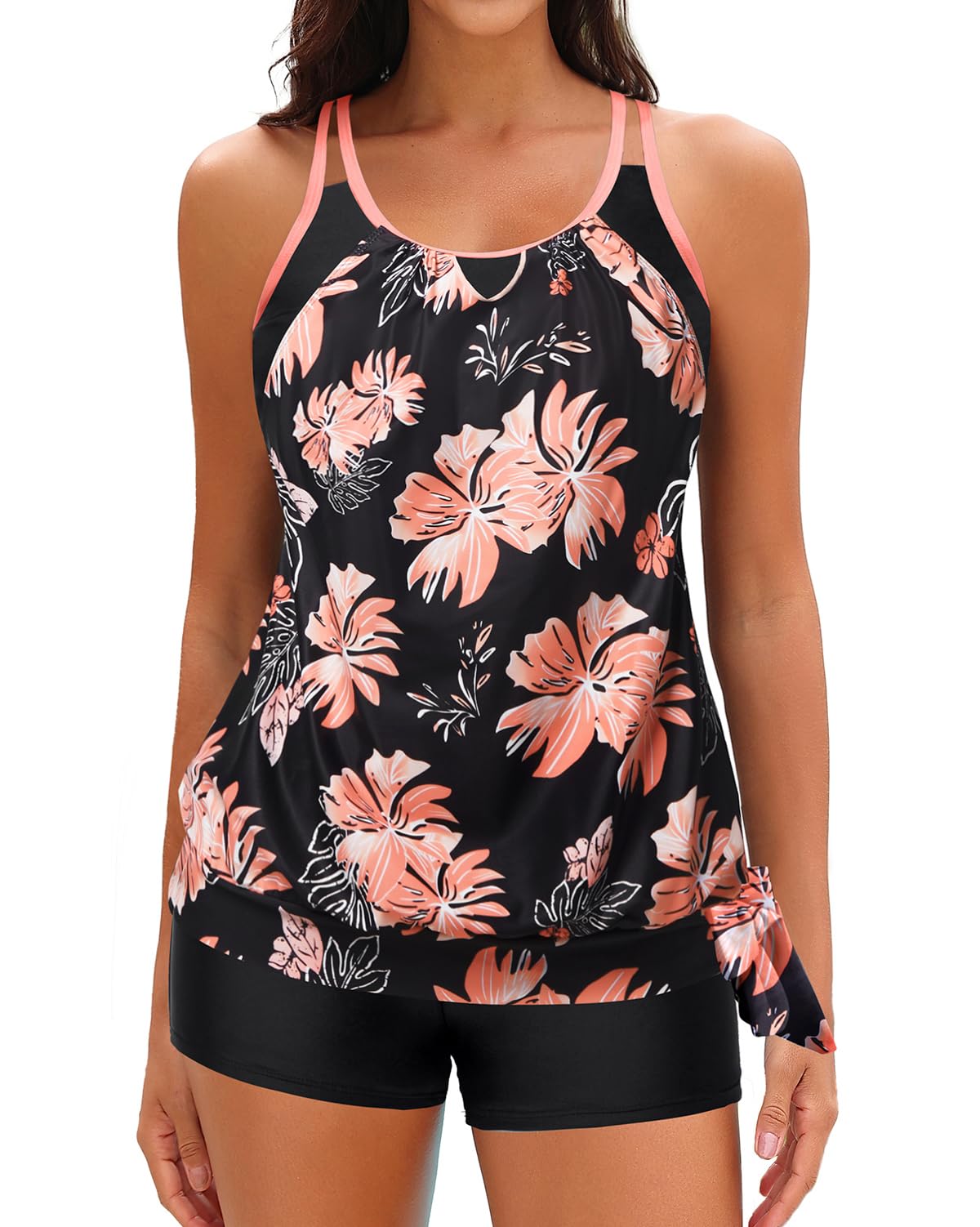 Photo 1 of Daci Orange Floral Tankini Swimsuits for Women - 2 Piece Bathing Suit Tummy Control Swimming Suits with Shorts 2025 Swimwear L