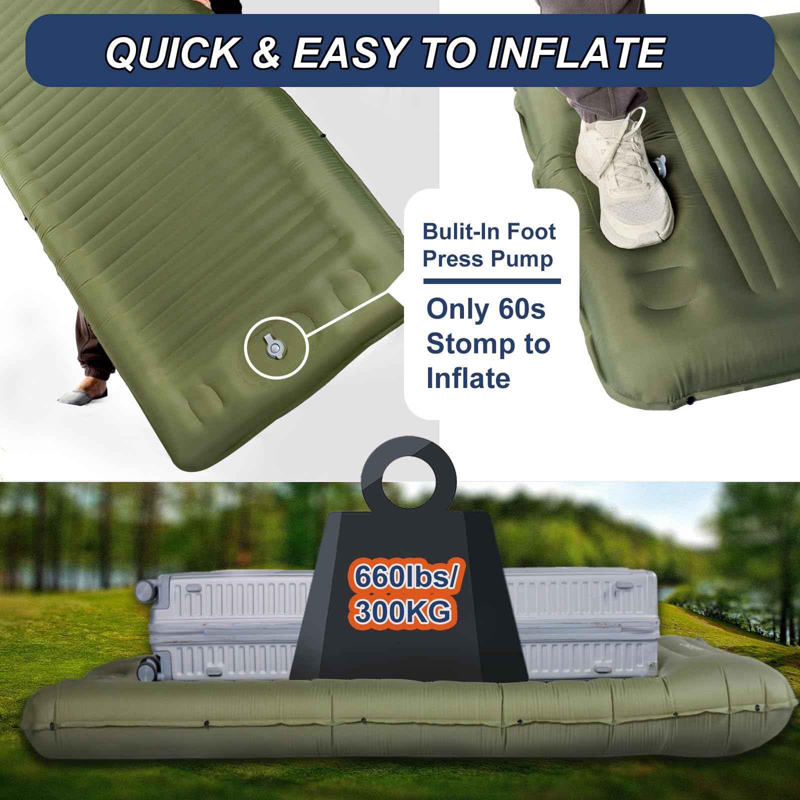 Origem Isomatte Camping Matratze, 14cm Ultraleichte Schlafmatte Aufblasbar Kleines Packmaß, Aufblasbarer Fuß Luftmatratze Outdoor mit Fußpumpe 4