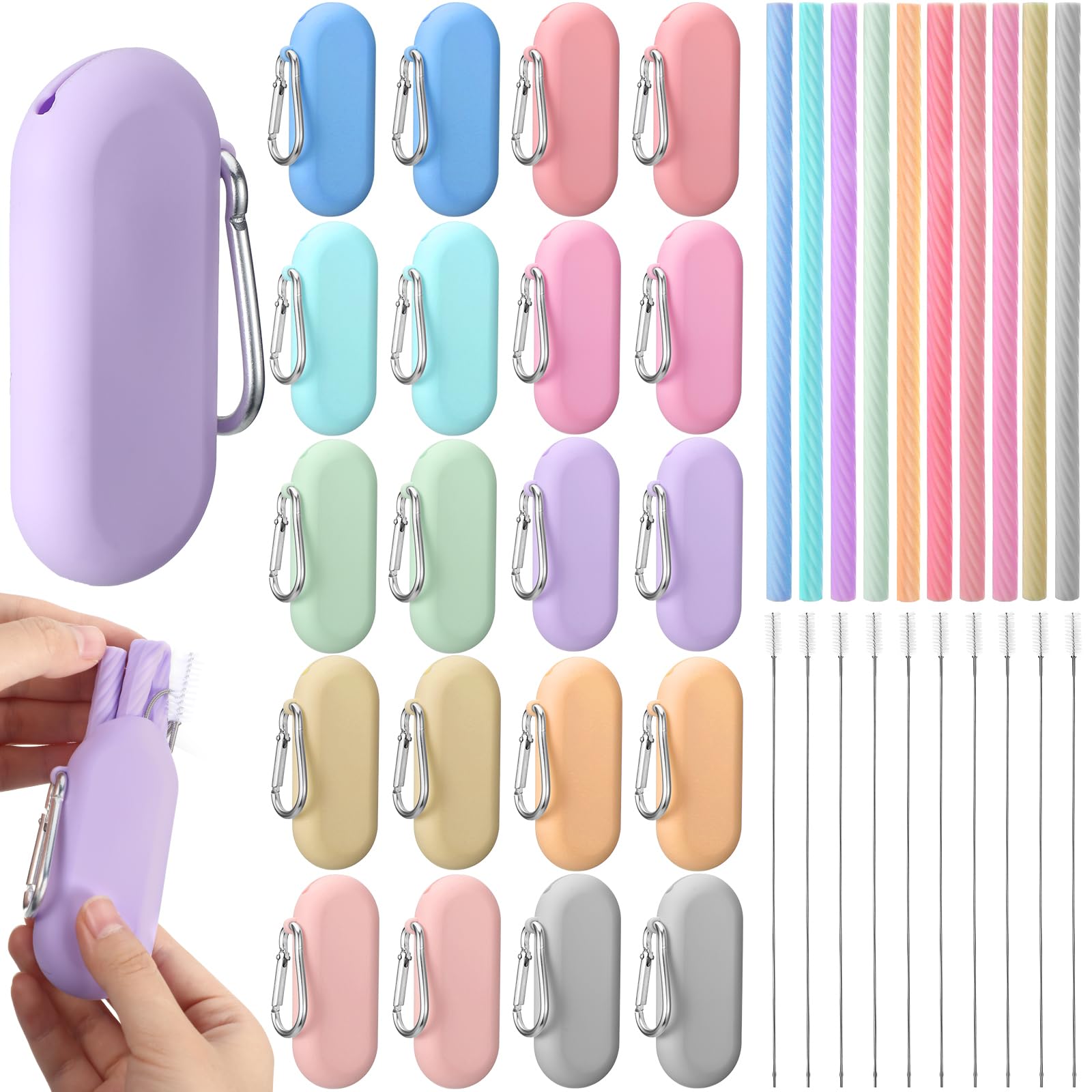 Photo 1 of Irenare 20 Sets Silicone Straws with Case Reusable Collapsible Foldable Travel Portable Straw Cold or Hot Drinking with Carry Case, Long Cleaning Brush and Keychain, 10 Colors(Cute)