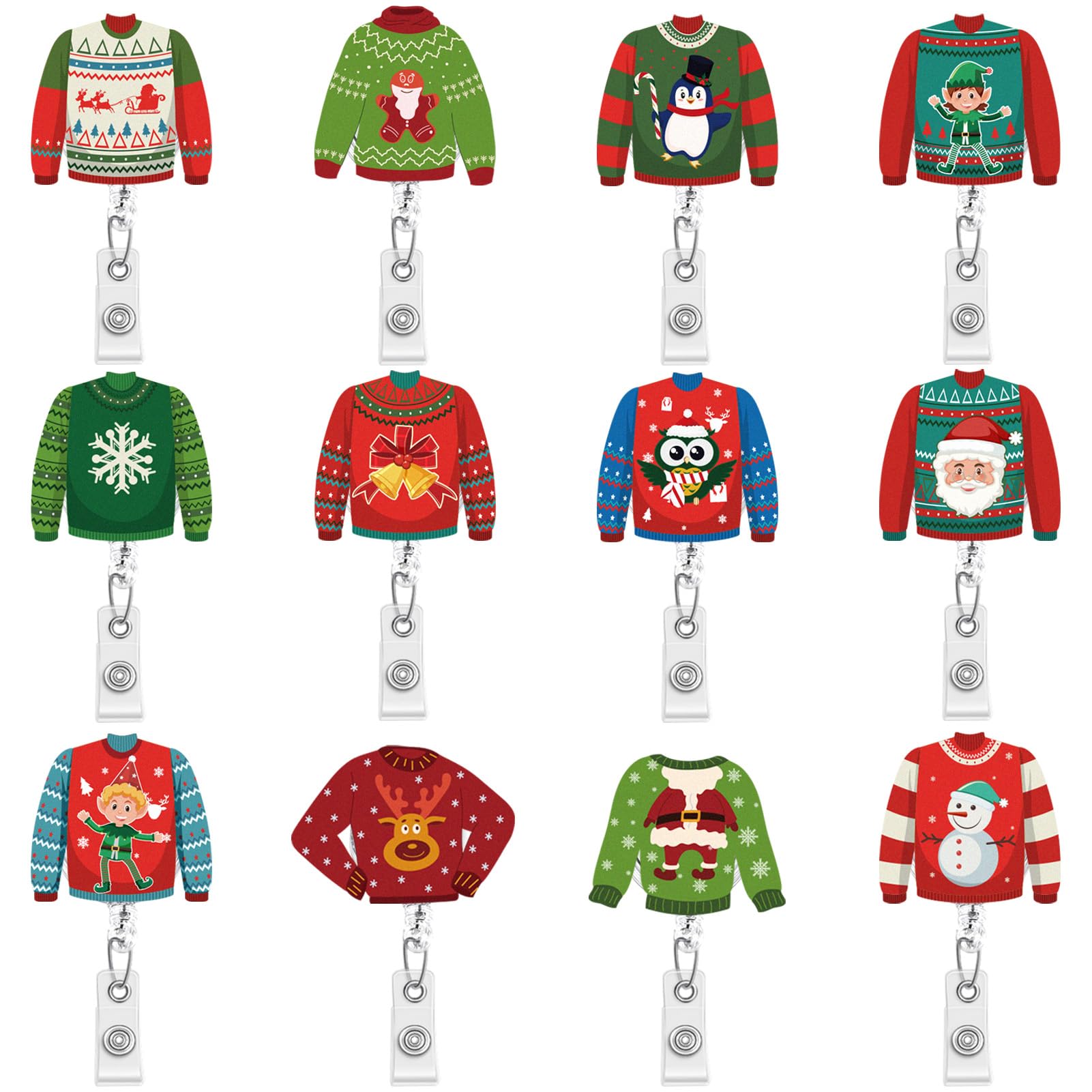 View 1 of 12 Pcs Christmas Badge Reels Retractable Felt Xmas Ugly Sweater Santa Claus Snowman Gnome ID Name Holder with Clip Name Badges for Nurse Doctor Teacher Holiday Favors (Christmas Sweater)