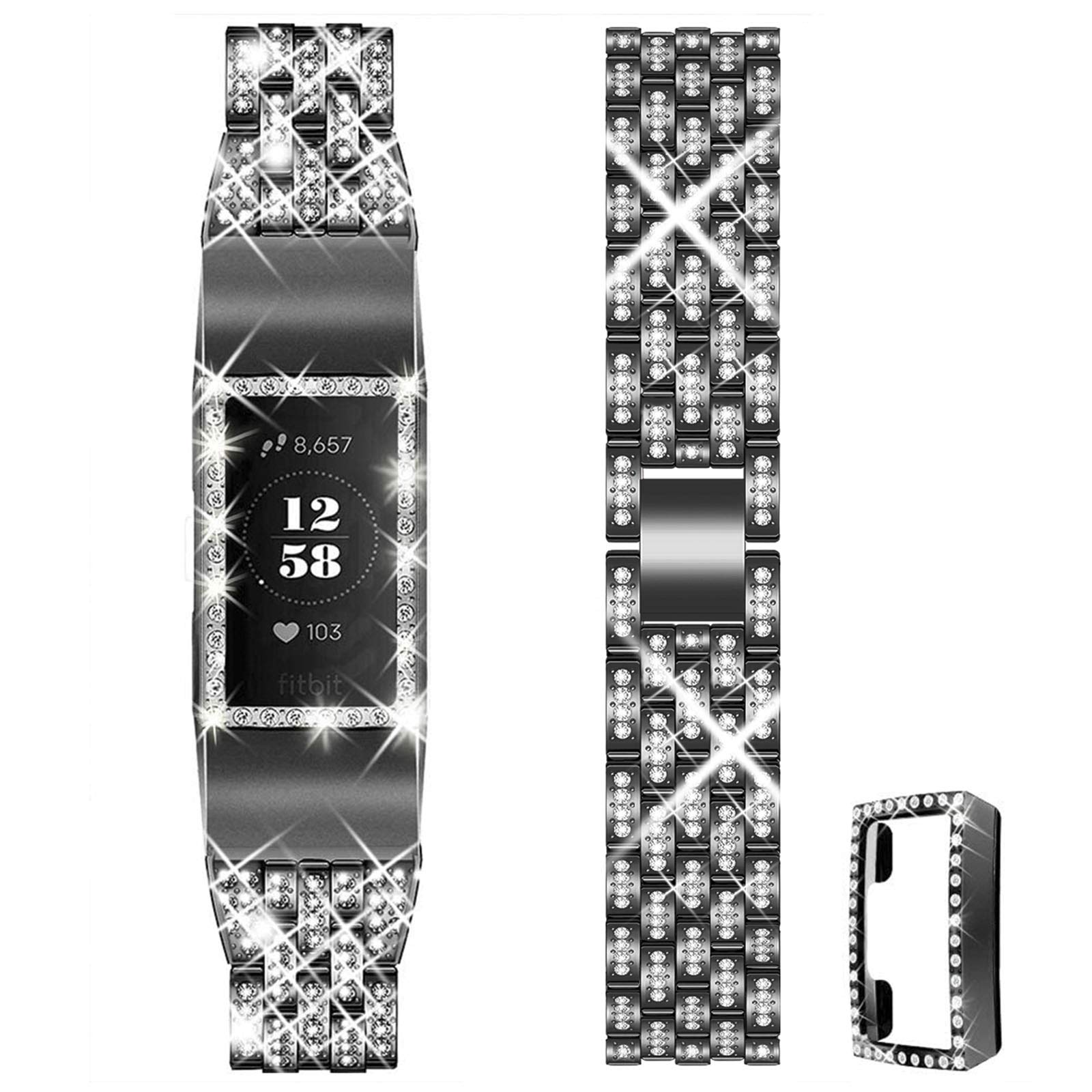 Mosonio Bling Bands Compatible with Fitbit Charge 4/Fitbit Charge 3/Charge 3 SE with Case Women, Jewelry Bracelet Wristbands Metal Straps + Bling PC Cover for Fitbit Charge 4/3/3 SE Band(Black)