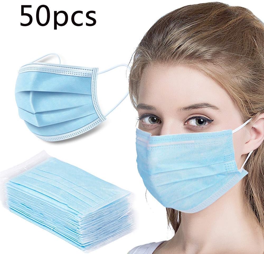 50 PCS Disposable Earloop Face Masks, Face Masks,3-Ply Face Mask, Surgical Dental Earloop Polypropylene Masks for Personal Health Protection