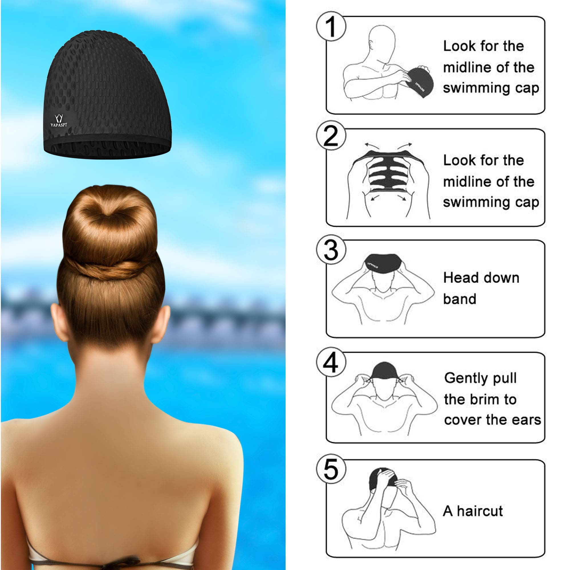 YAPA Swimming Cap for Long/Curly Hair 100% Silicone Swim Cap for Adult Swimming Laps Latex Rubber Reduce Water Intake Men Women UV Guys Girl Bathing Cap