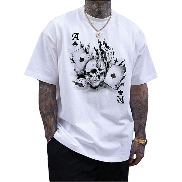 Srcnhim Mens 3D Poker Skull Graphic Tees Casual Short Sleeve T
