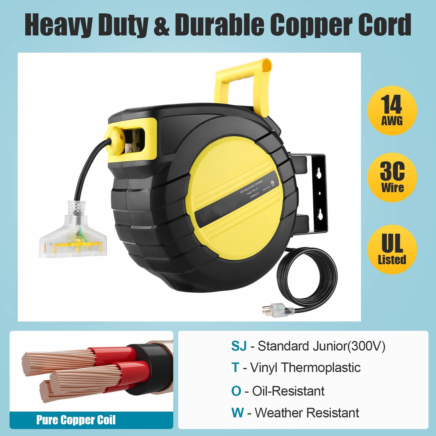 Homdox 65 FT Extension Cord Reel, 14 AWG Retractable Power Cord Reel, Ceiling/Wall Mount Electric Reel for Large Garage, 3 Outlets, 13A Circuit Breaker, UL Listed