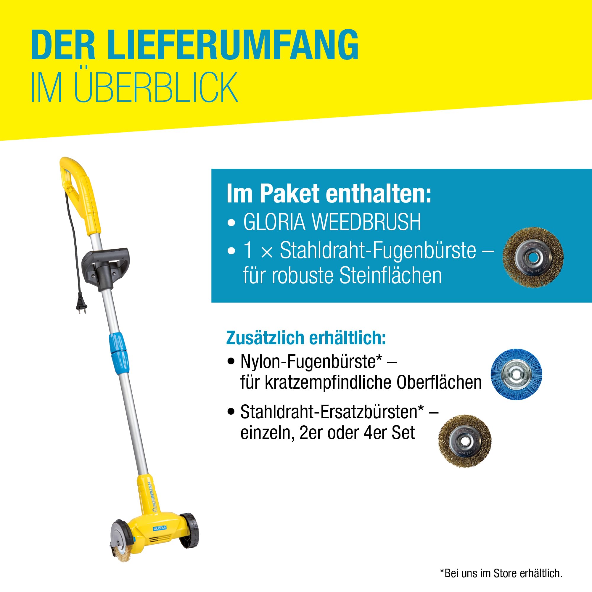 GLORIA Fugenbürste WeedBrush | Elektrischer Unkrautvernichter & Fugenreiniger | Fugenkratzer für Pflasterfugen, Terrassenplatten & Wege | Kabelgebundene Unkrautbürste 230V inkl. Stahldraht-Bürste 3