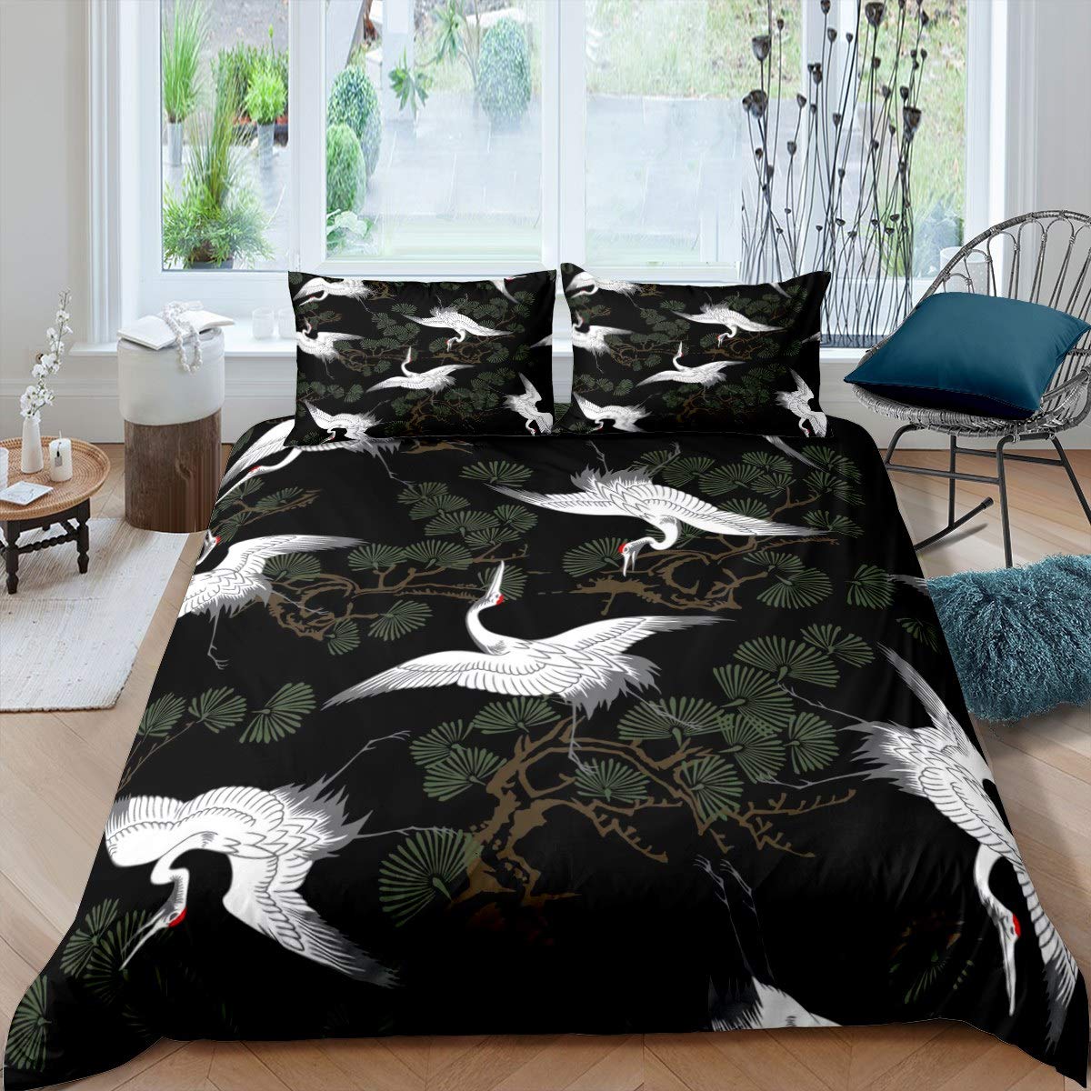 Loussiesd White Cranes Bedding Set Japanese-Style Duvet Cover For Kids Children Teens Exotic Animal Pine Tree Comforter Cover Japanese Bird Bedspread Cover Green Black Bedroom Decor 3Pcs Double Size — image 1