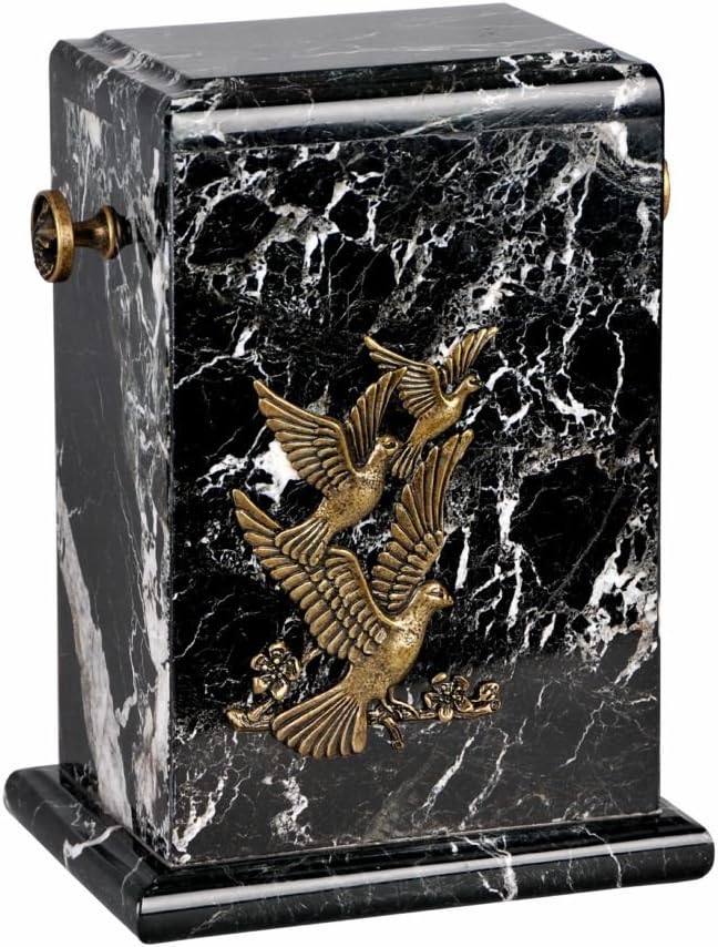 Stone Black Zebra Marble Funeral Cremation Ashes Urn with Brass Birds for Adult (122)