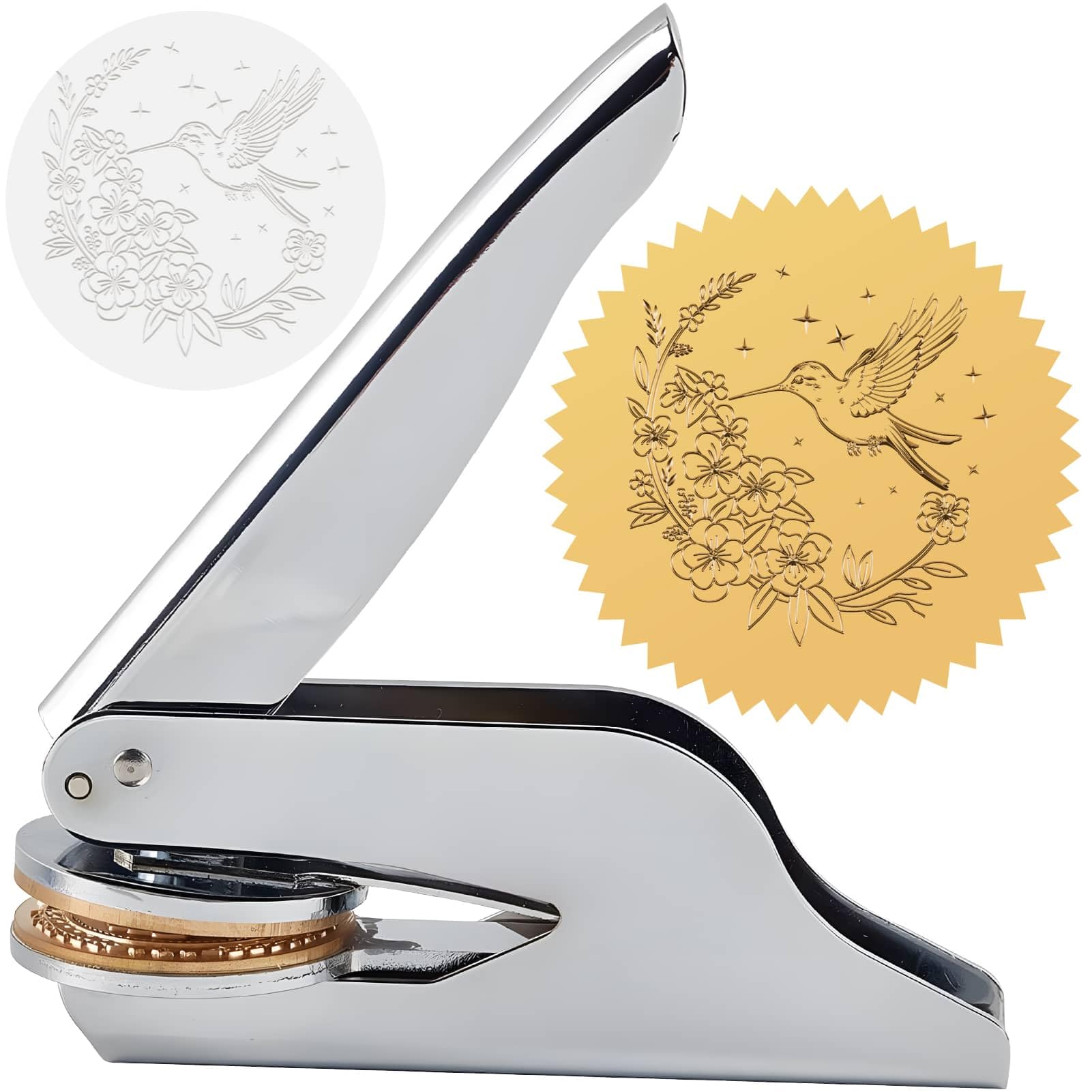 CRASPIRE Hummingbird Book Embosser Seal Stamp Flower Stainless Steel Library Stamp Hand Held Embossing Seal Notary Embosser with Plastic Box for Envelopes Napkins Paper Wedding Invitation