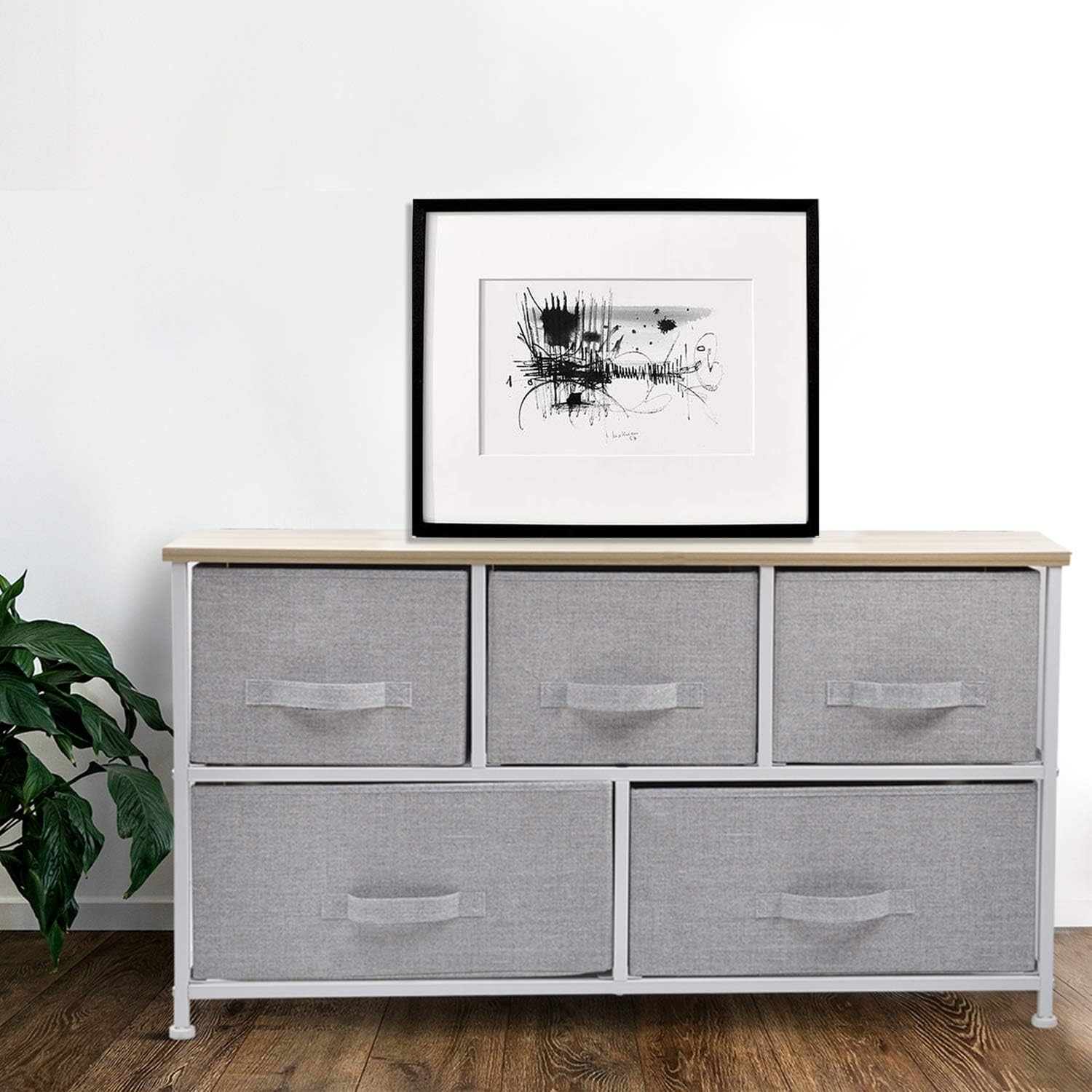 Wide Drawer Dresser Storage Organizer - CERBIOR 5-Drawer Closet Shelves, Sturdy Steel Frame Wood Top with Easy Pull Fabric Bins for Clothing, Blankets- Grey: Home Improvement